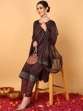 Women Brown Organza Ethnic Motifs Embroidered Straight Suit Set